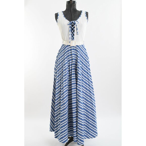 Vintage 1970s XS Blue White Corset Tie Bodice Sleeveless Maxi Dress - Picture 2 of 9